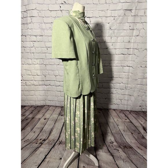 Leslie Fay Vintage 3 Pc Skirt Blazer Scarf Green - Picture 8 of 16
